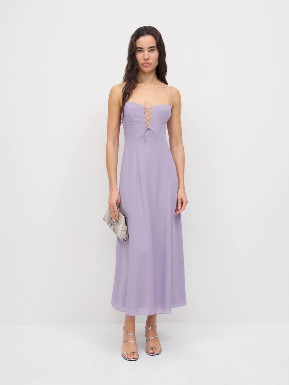 Reformation Emely Lace-Up Spaghetti Strap Midi Dress in Lavender